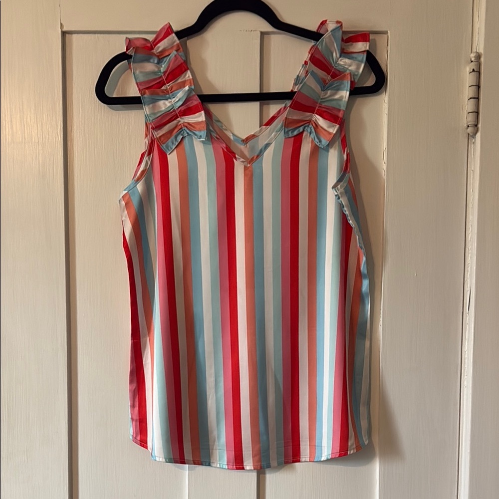Striped Sleeveless Top - Red, Blue, Orange and White